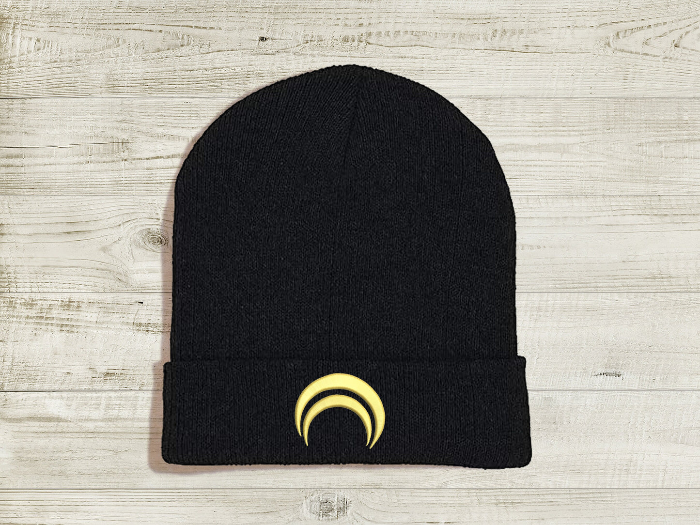 Jaune Arc JNPR Embroidered Beanie hat | Custom cozy winter knitted skull cap with Jaune's emblem Sweethaven Cottage Blue Black