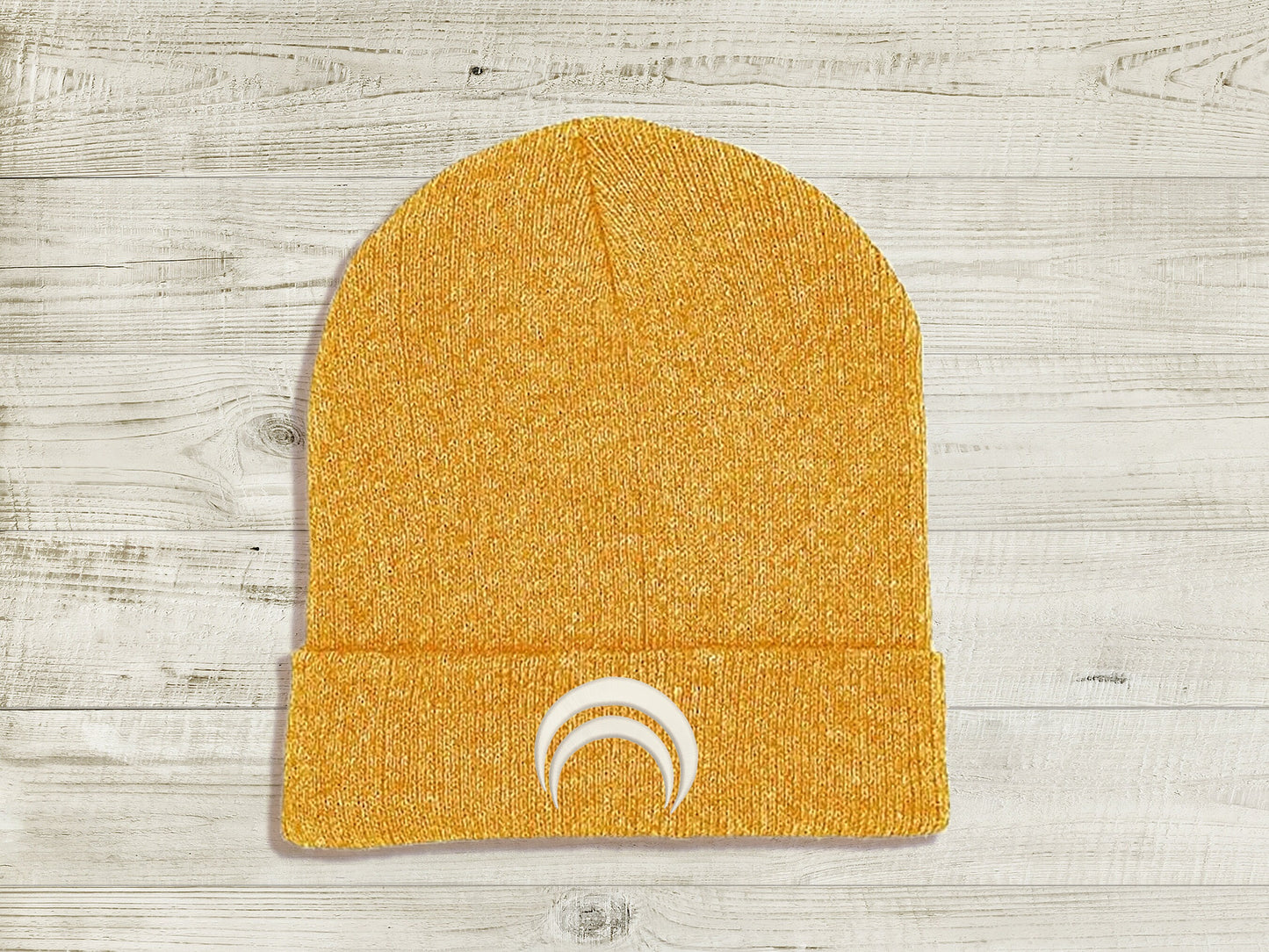 Jaune Arc JNPR Embroidered Beanie hat | Custom cozy winter knitted skull cap with Jaune's emblem Sweethaven Cottage Gold White