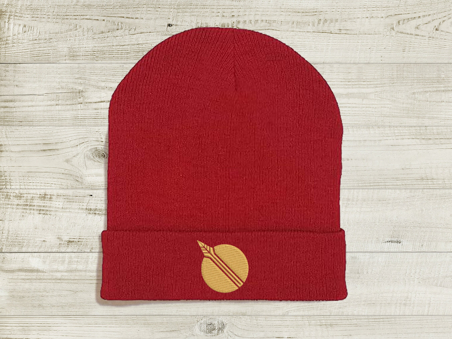 Pyrrha Nikos JNPR Embroidered Beanie hat | Custom cozy winter knitted skull cap with Pyrrha's emblem Sweethaven Cottage Red White