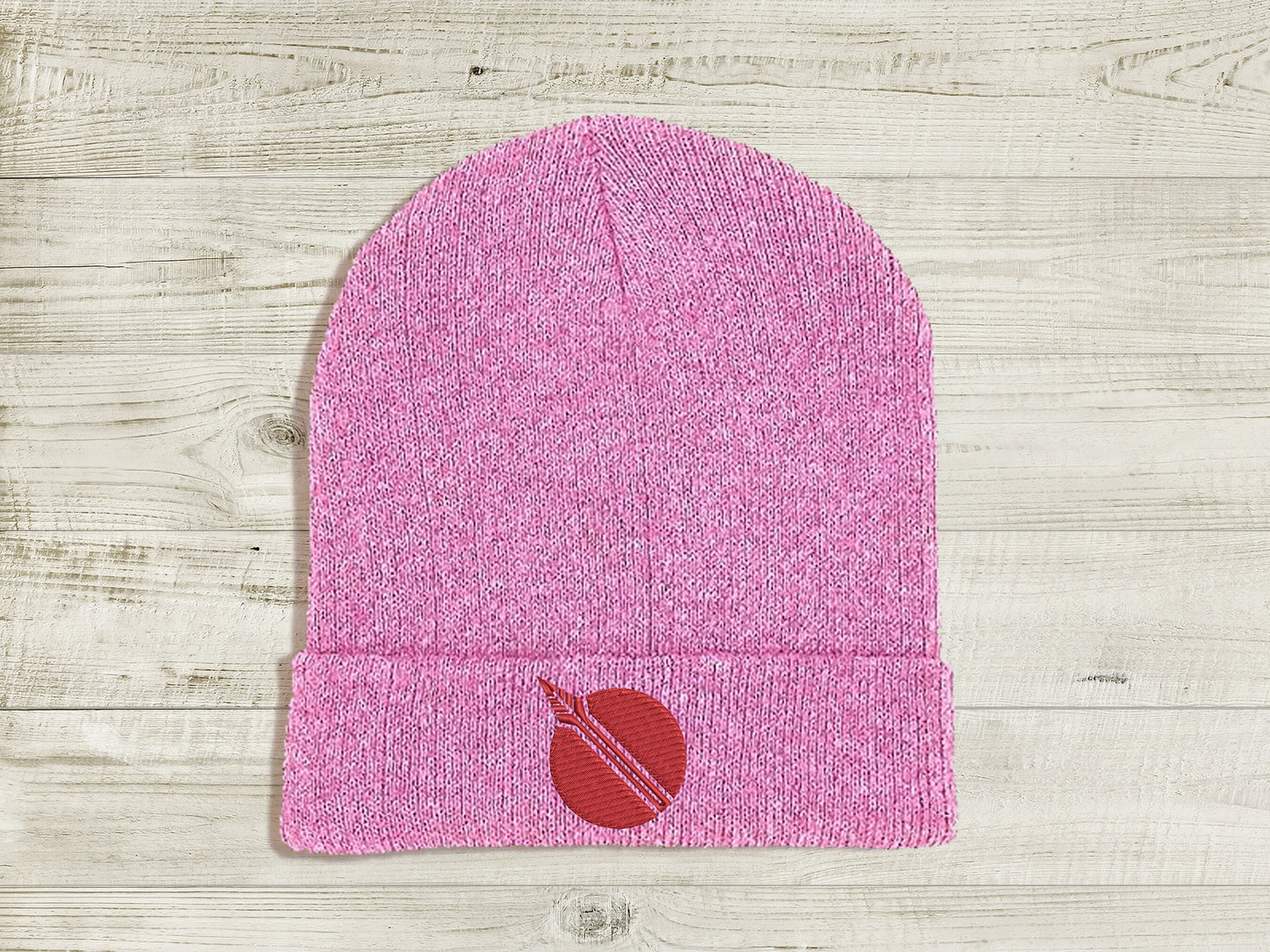 Pyrrha Nikos JNPR Embroidered Beanie hat | Custom cozy winter knitted skull cap with Pyrrha's emblem Sweethaven Cottage Pink Gold