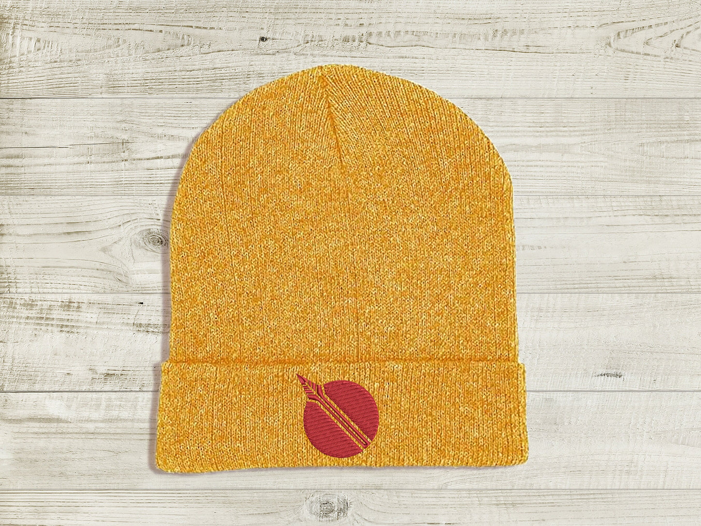 Pyrrha Nikos JNPR Embroidered Beanie hat | Custom cozy winter knitted skull cap with Pyrrha's emblem Sweethaven Cottage Red Gold