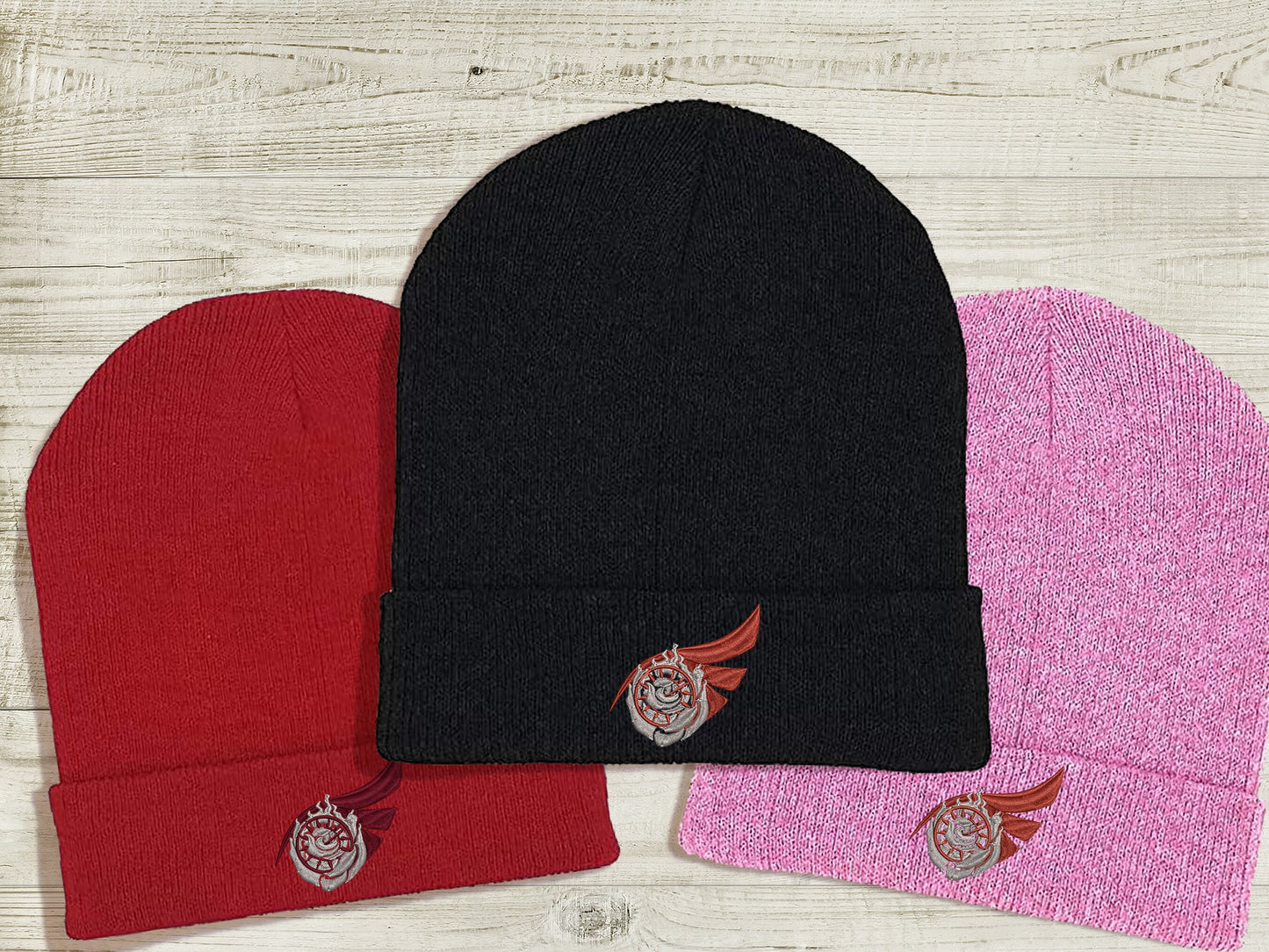 RoseBird Embroidered Beanie hat | Custom cozy winter knitted skull cap with Summer Rose and Raven Branwen's emblems Sweethaven Cottage