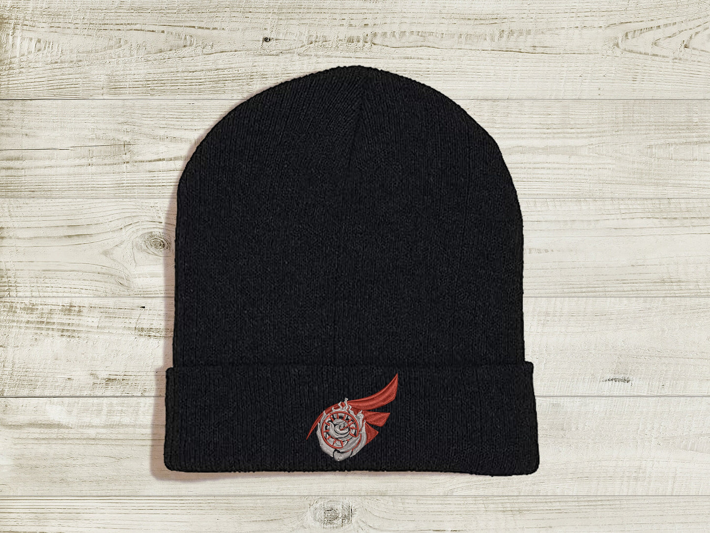 RoseBird Embroidered Beanie hat | Custom cozy winter knitted skull cap with Summer Rose and Raven Branwen's emblems Sweethaven Cottage Black
