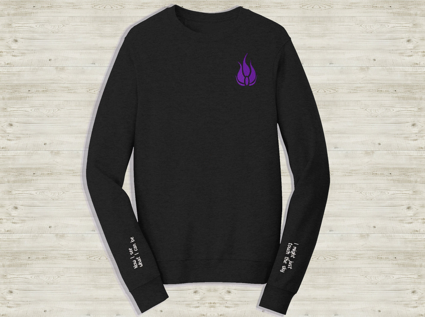 Blake Belladonna Emblem Embroidered unisex Sweatshirt Touch the sky quote on sleeve Custom made black novelty pullover sweater for RWBY fans Sweethaven Cottage XS Chest+BOTH sleeves
