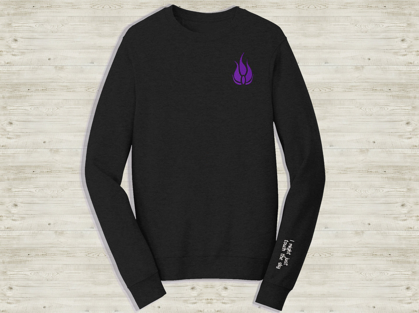 Blake Belladonna Emblem Embroidered unisex Sweatshirt Touch the sky quote on sleeve Custom made black novelty pullover sweater for RWBY fans Sweethaven Cottage XS Chest+LEFT sleeve
