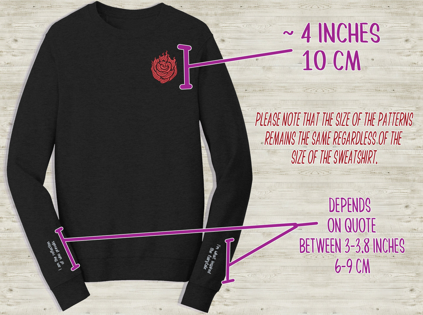 Ruby Rose Emblem Embroidered unisex Sweatshirt with Guide my way quote on sleeve Custom made black novelty pullover sweater for RWBY fans Sweethaven Cottage