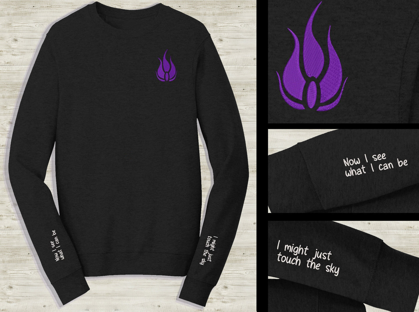 Blake Belladonna Emblem Embroidered unisex Sweatshirt Touch the sky quote on sleeve Custom made black novelty pullover sweater for RWBY fans Sweethaven Cottage