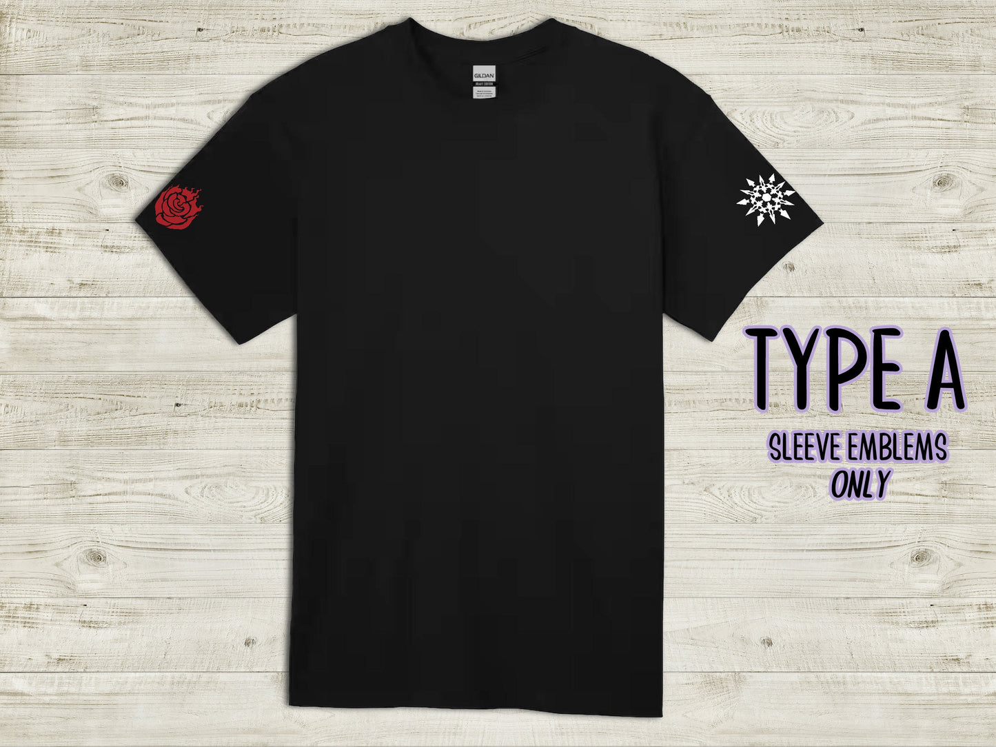 Custom WHITEROSE Emblem unisex T-shirt 100% cotton Ruby and Weiss symbols on sleeve WR White Rose black novelty shirt for RWBY fans Sweethaven Cottage