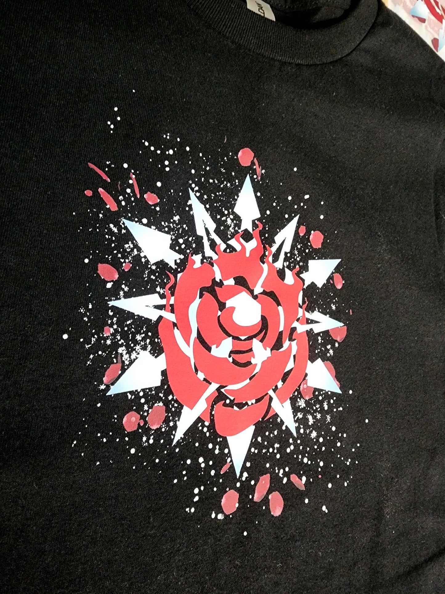 Custom WHITEROSE Emblem unisex T-shirt 100% cotton Ruby and Weiss symbols on sleeve WR White Rose black novelty shirt for RWBY fans Sweethaven Cottage