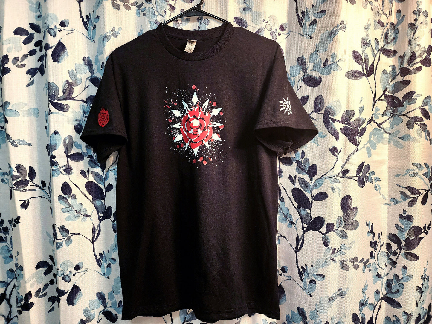 Custom WHITEROSE Emblem unisex T-shirt 100% cotton Ruby and Weiss symbols on sleeve WR White Rose black novelty shirt for RWBY fans Sweethaven Cottage