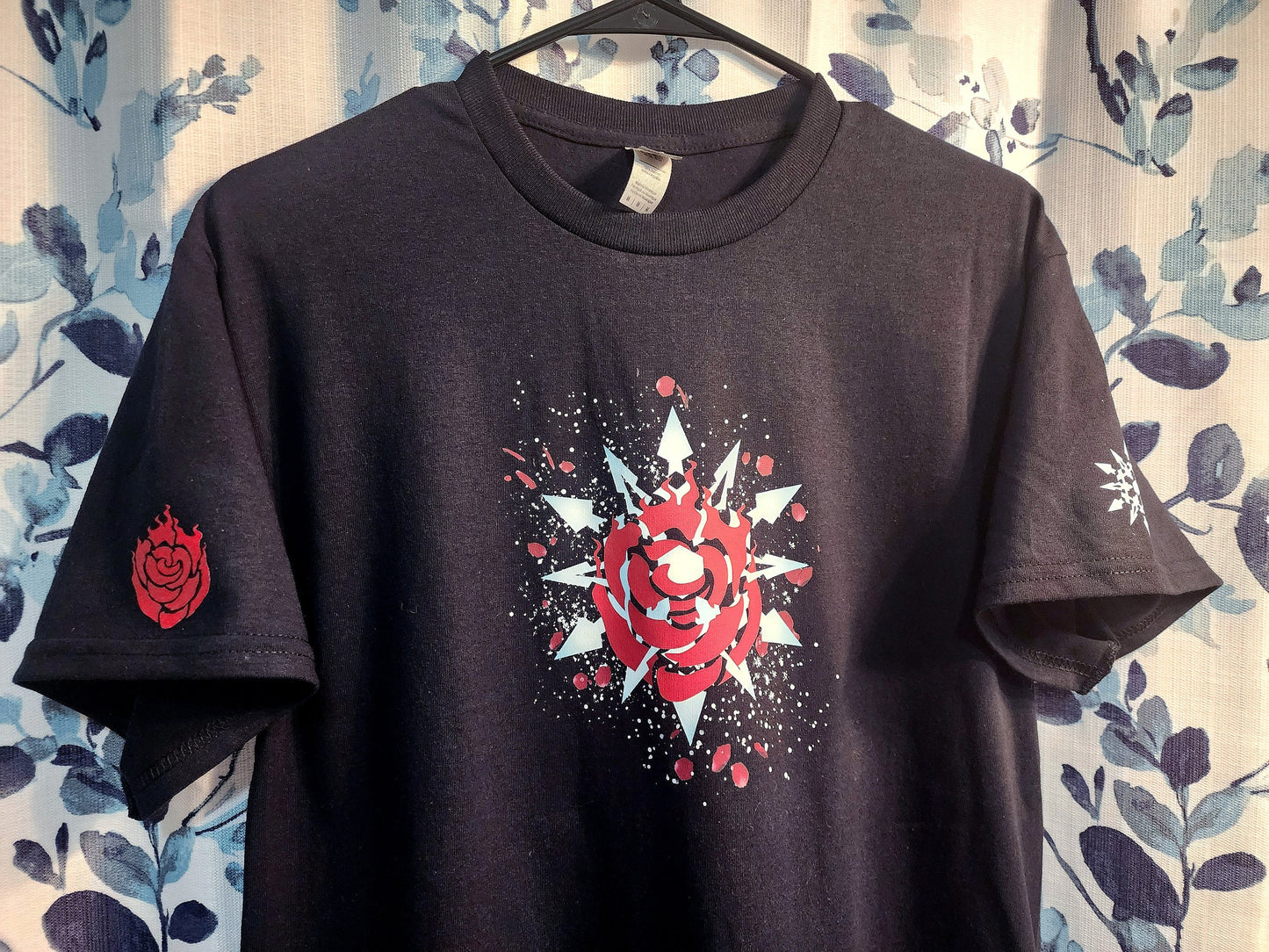 Custom WHITEROSE Emblem unisex T-shirt 100% cotton Ruby and Weiss symbols on sleeve WR White Rose black novelty shirt for RWBY fans Sweethaven Cottage