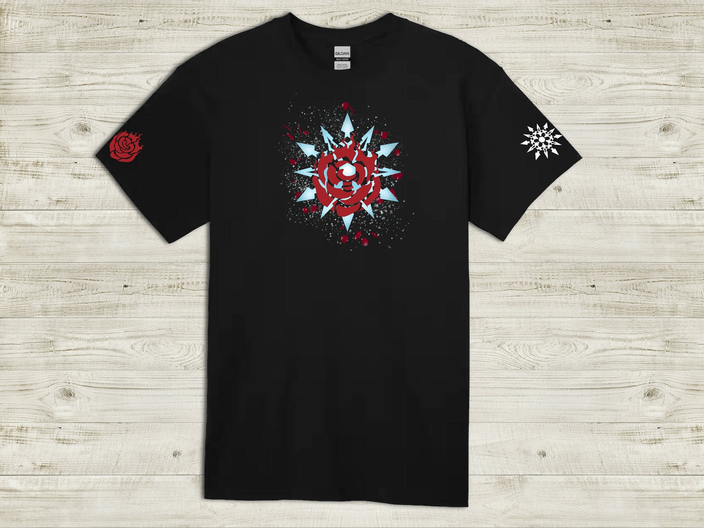 Custom WHITEROSE Emblem unisex T-shirt 100% cotton Ruby and Weiss symbols on sleeve WR White Rose black novelty shirt for RWBY fans Sweethaven Cottage