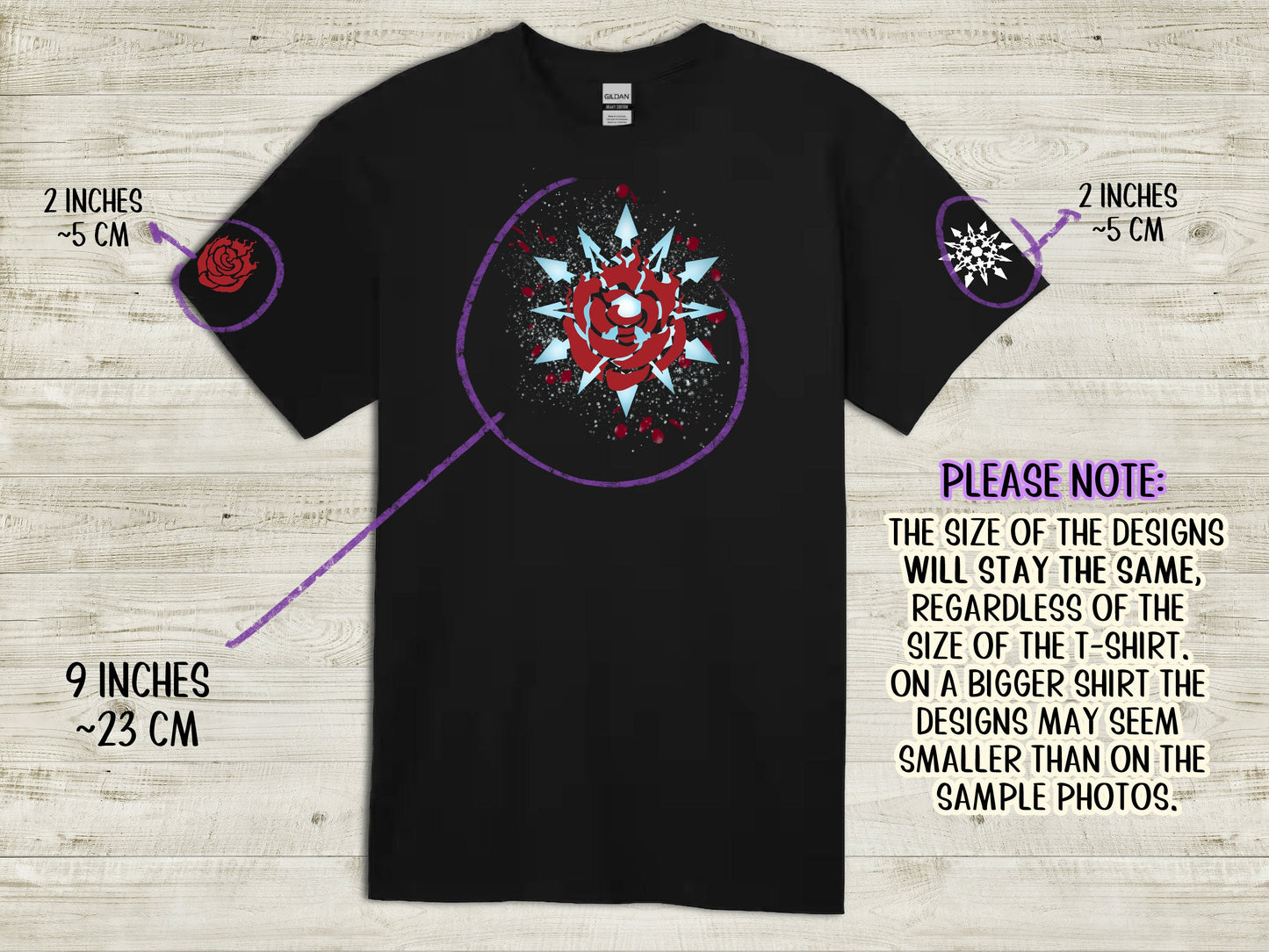 Custom WHITEROSE Emblem unisex T-shirt 100% cotton Ruby and Weiss symbols on sleeve WR White Rose black novelty shirt for RWBY fans Sweethaven Cottage
