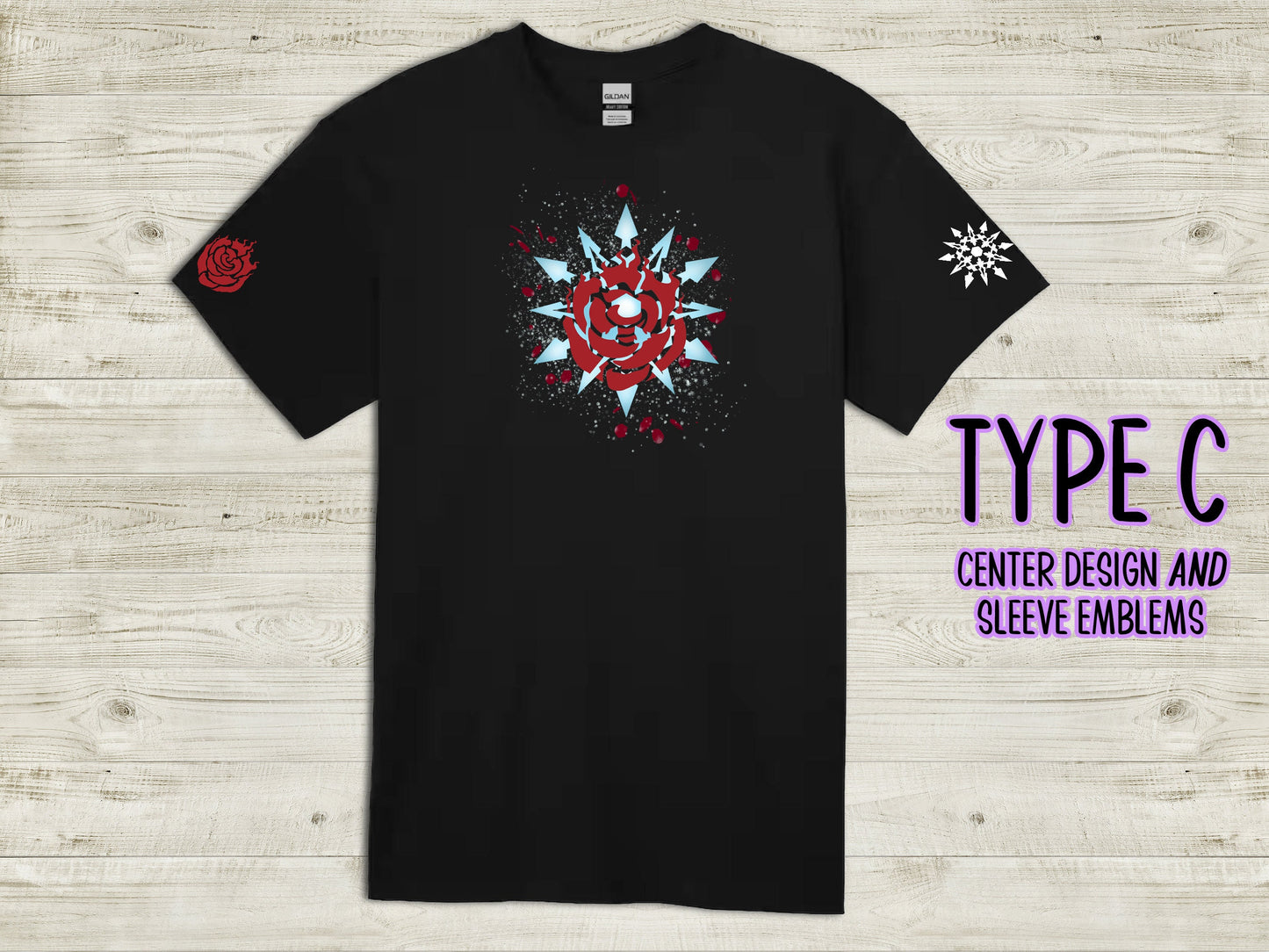 Custom WHITEROSE Emblem unisex T-shirt 100% cotton Ruby and Weiss symbols on sleeve WR White Rose black novelty shirt for RWBY fans Sweethaven Cottage