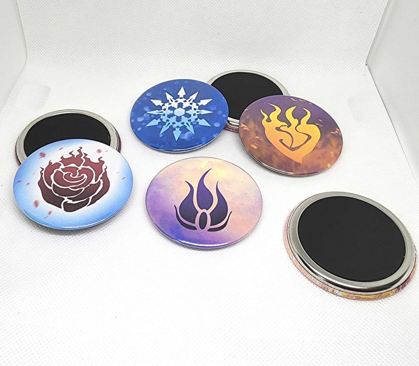 Team RWBY Fridge MAGNETS 2.25 inch 58mm round rubber magnetic accessory with Ruby Weiss Yang Blake symbols Sweethaven Cottage