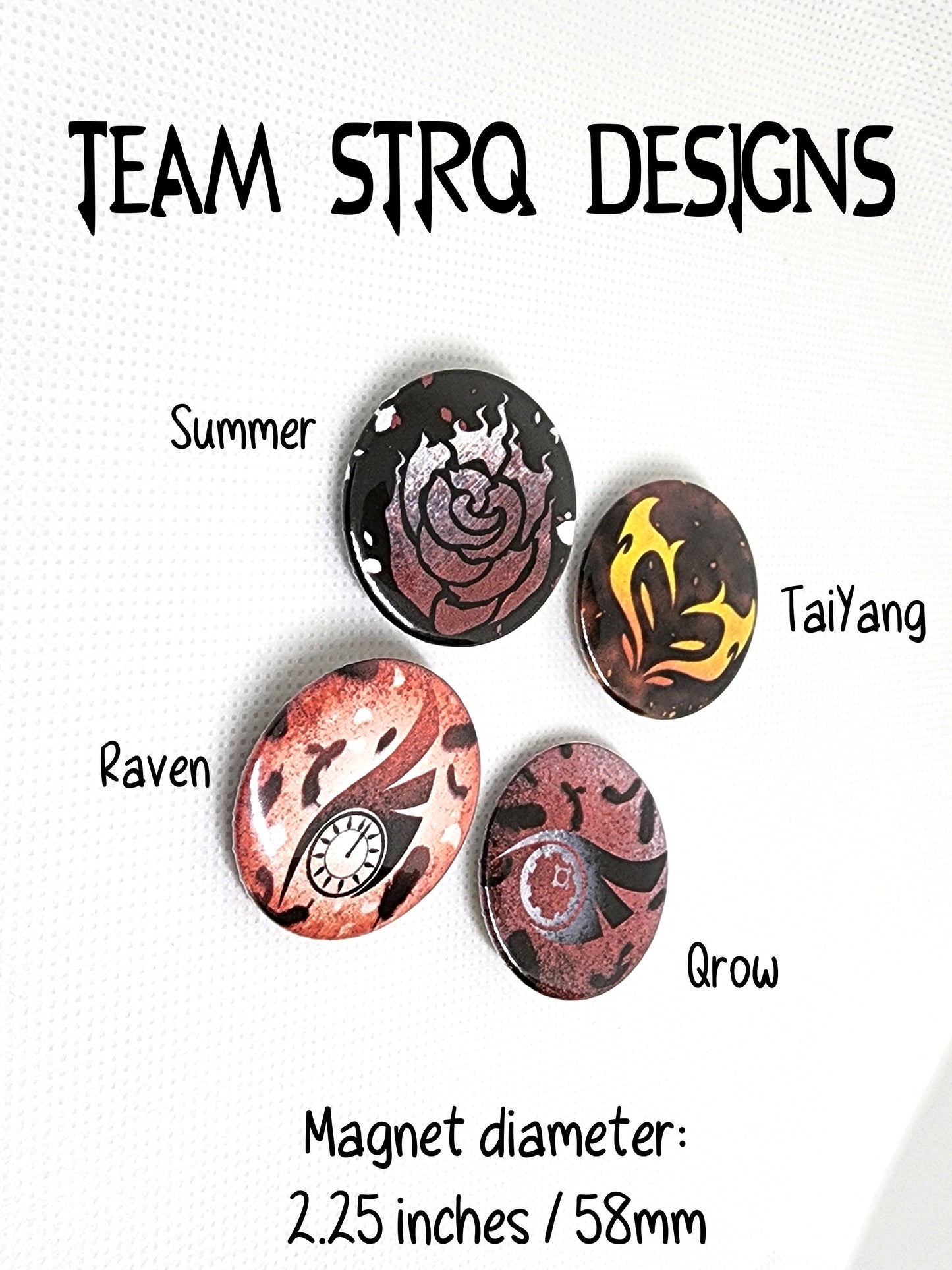 Team STRQ Fridge MAGNETS 2.25 inch 58mm round rubber magnetic accessory with Qrow, Raven, Summer, TaiYang's symbols Sweethaven Cottage