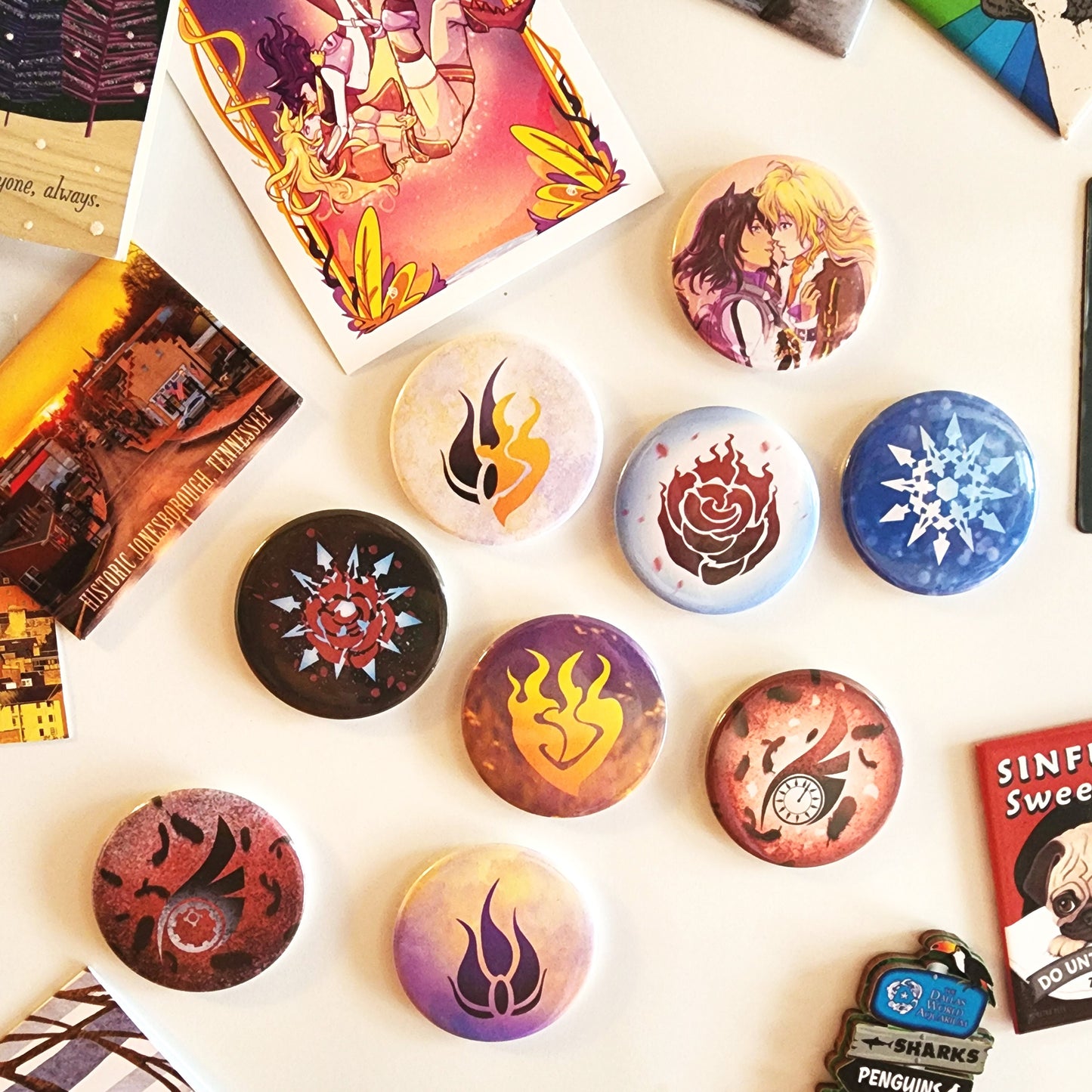 Team STRQ Fridge MAGNETS 2.25 inch 58mm round rubber magnetic accessory with Qrow, Raven, Summer, TaiYang's symbols Sweethaven Cottage
