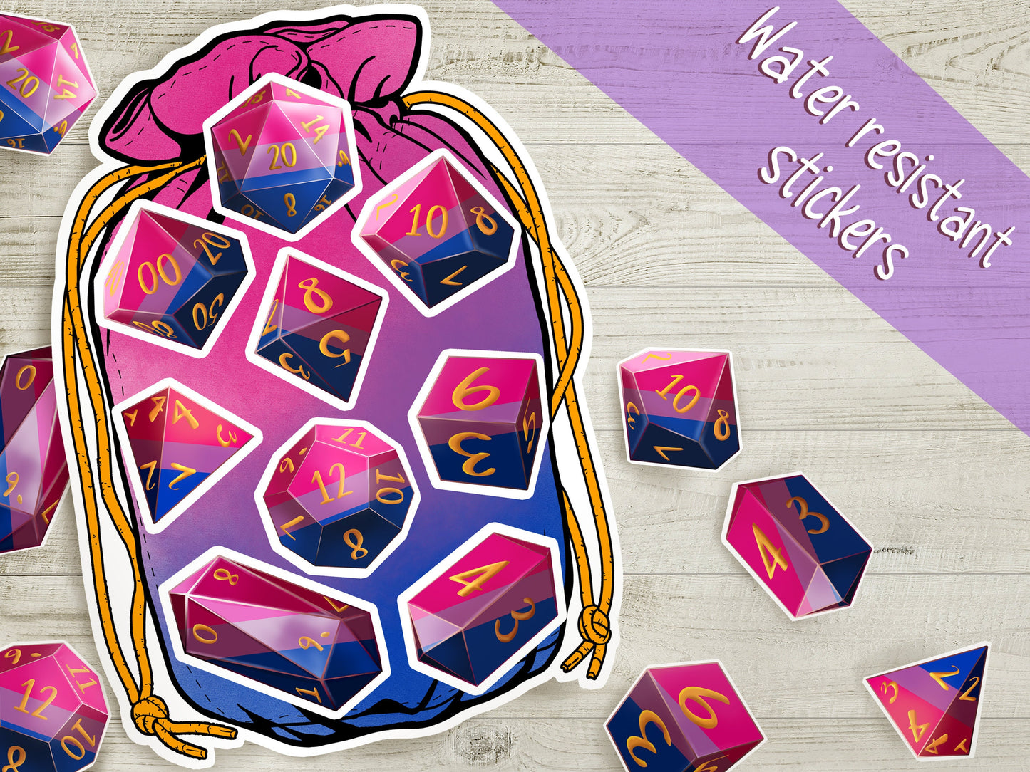 BI PRIDE Dice Vinyl Kiss Cut Sticker sheet Bisexual DnD TTRPG Matte Splashproof Dice Bag Sticker set of 9 Polyhedral Dice  Sweethaven Cottage   