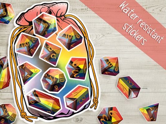 PRIDE DICE Vinyl Kiss Cut Sticker sheet Inclusive Pride DnD TTRPG Matte or Glossy Splashproof Dice Bag Sticker set of 9 Polyhedral Dice  Sweethaven Cottage   