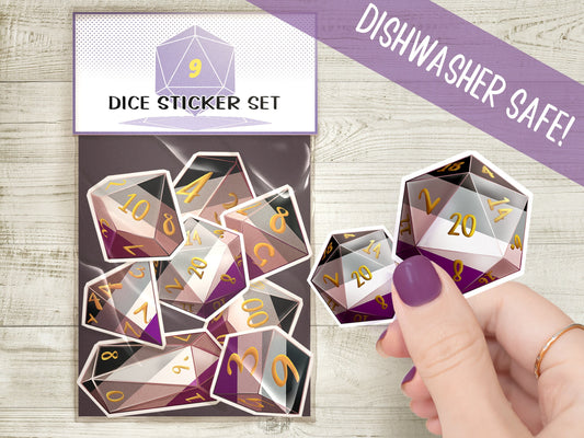 ACE PRIDE DICE Vinyl Sticker set of 9 Semi-glossy Dishwasher-safe laminated vinyl Polyhedral Dice stickers DnD D20 TTRpg  Sweethaven Cottage   