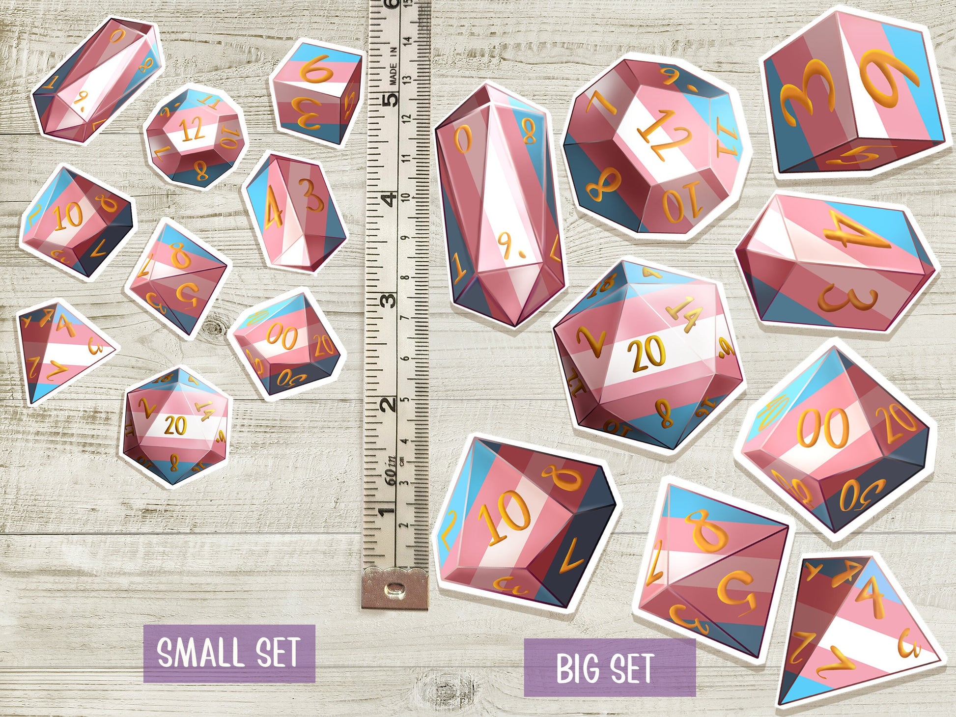TRANS PRIDE DICE Vinyl Sticker set of 9 Semi-glossy Dishwasher-safe laminated vinyl Transgender Pride Polyhedral Dice stickers DnD D20 TTRpg  Sweethaven Cottage   