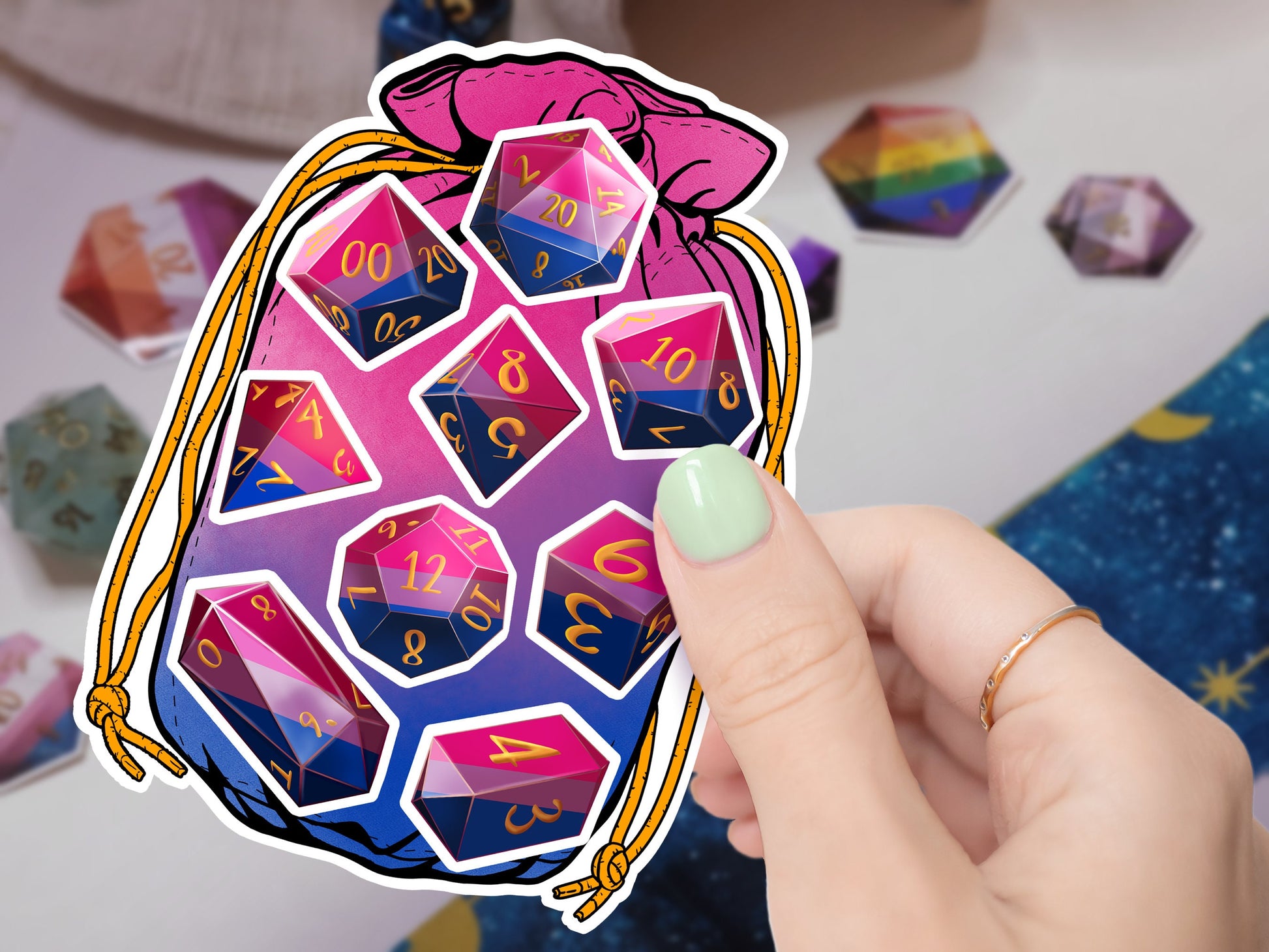 BI PRIDE Dice Vinyl Kiss Cut Sticker sheet Bisexual DnD TTRPG Matte Splashproof Dice Bag Sticker set of 9 Polyhedral Dice  Sweethaven Cottage   