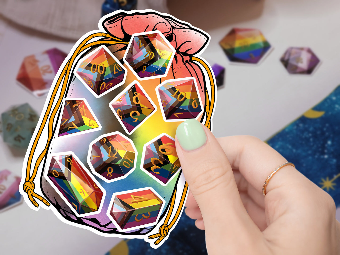 PRIDE DICE Vinyl Kiss Cut Sticker sheet Inclusive Pride DnD TTRPG Matte or Glossy Splashproof Dice Bag Sticker set of 9 Polyhedral Dice  Sweethaven Cottage   
