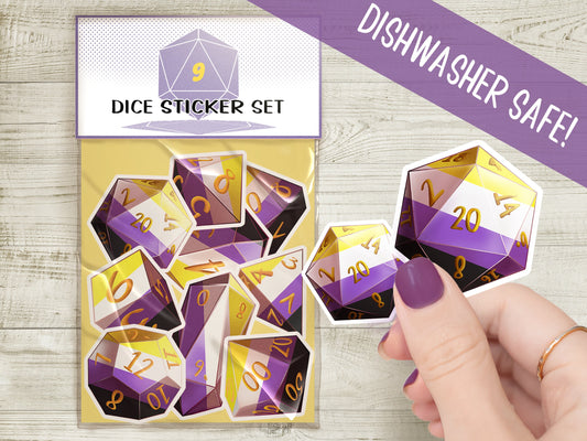 ENBY Non-Binary PRIDE DICE Vinyl Sticker set of 9 Semi-glossy Dishwasher-safe laminated vinyl Polyhedral Dice stickers DnD D20 TTRpg  Sweethaven Cottage   