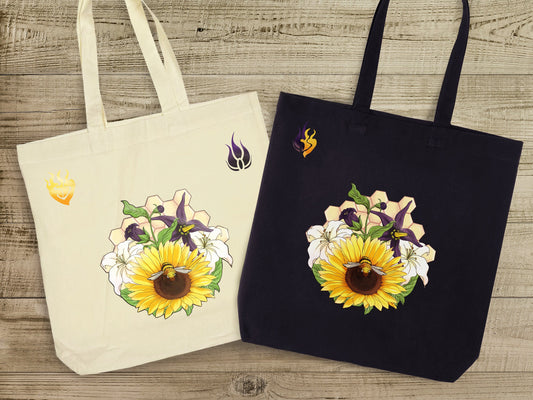 Custom BUMBLEBY Floral Canvas Tote Bag Beige and Black variants Sunflower Belladonna Lilies BMBLB Bumblebee 100% cotton iron-on canvas bag  Sweethaven Cottage   