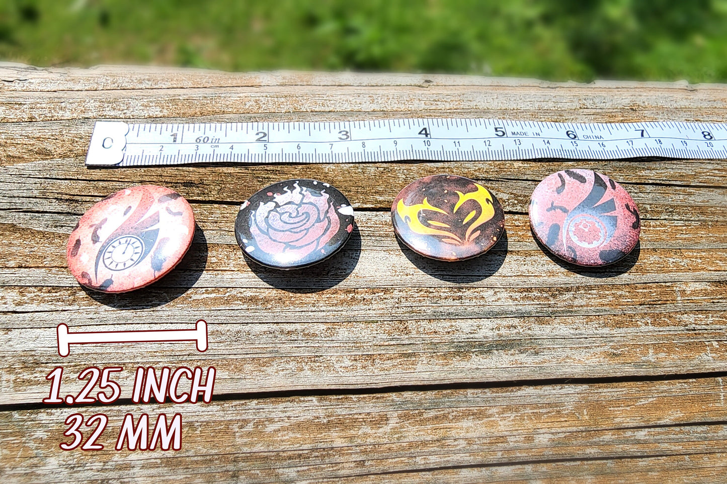 Team STRQ PIN Buttons SET 1.25" 32mm pinback button badge emblem pack Summer Rose, Taiyang, Raven and Qrow Branwen symbol pins collection  Sweethaven Cottage   