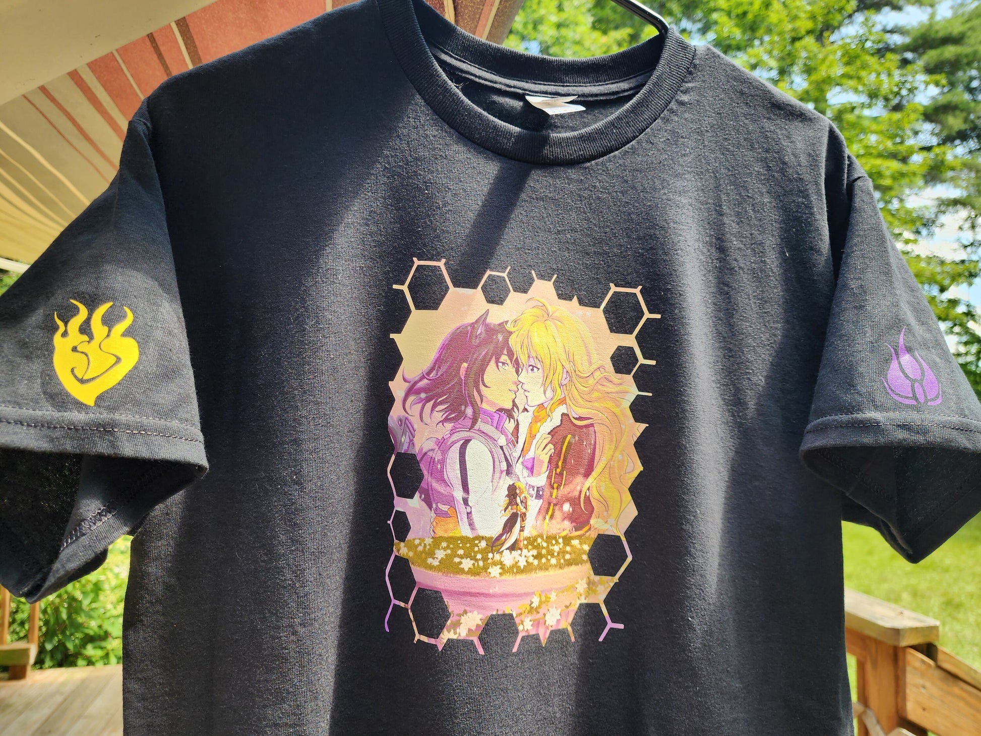 Custom BUMBLEBY "Worthy" Unisex T-shirt 100% cotton Yang and Blake symbols on sleeve BMBLB Rainbow Bumblebee black novelty shirt  Sweethaven Cottage   