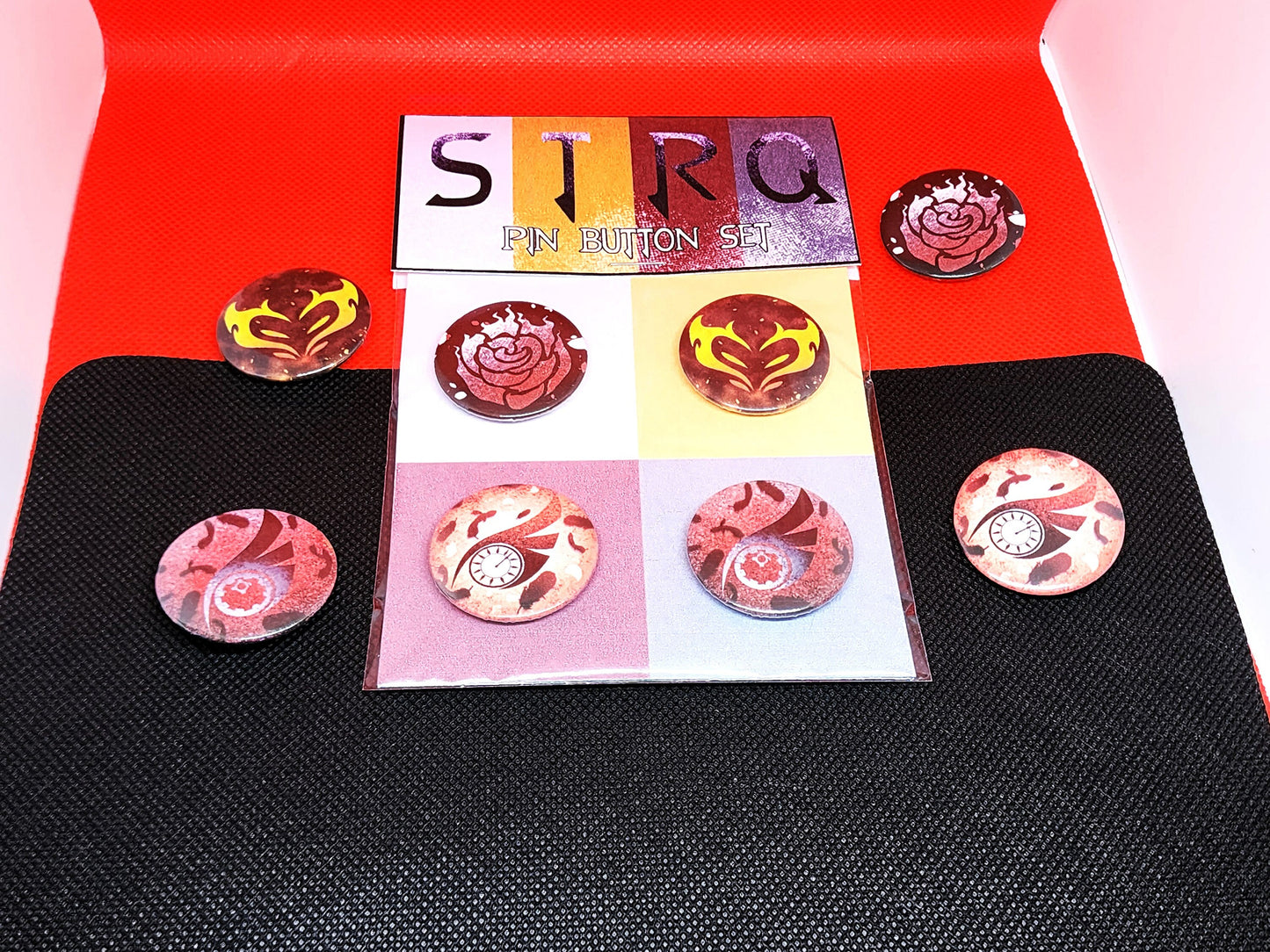 Team STRQ PIN Buttons SET 1.25" 32mm pinback button badge emblem pack Summer Rose, Taiyang, Raven and Qrow Branwen symbol pins collection  Sweethaven Cottage   