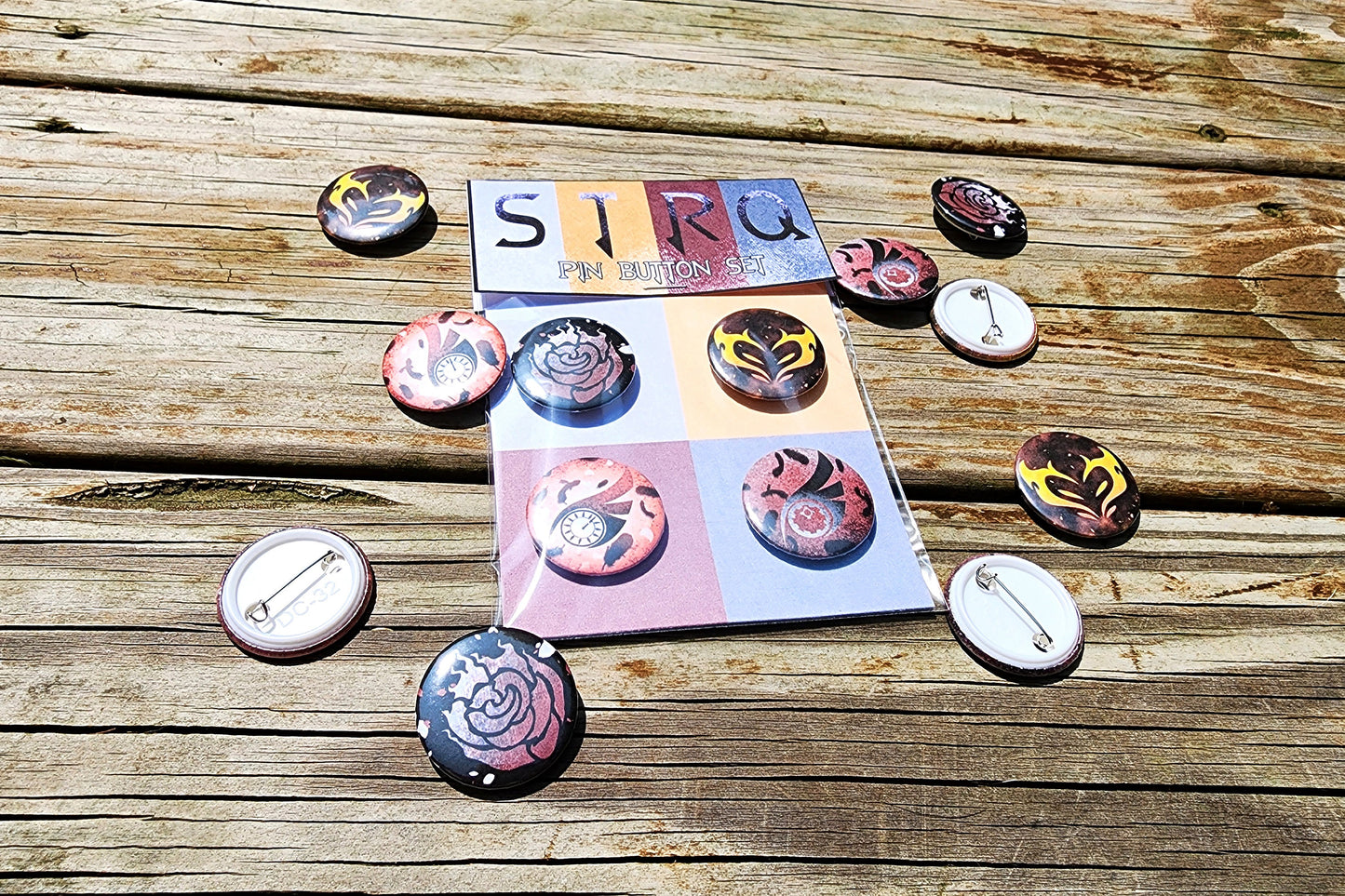 Team STRQ PIN Buttons SET 1.25" 32mm pinback button badge emblem pack Summer Rose, Taiyang, Raven and Qrow Branwen symbol pins collection  Sweethaven Cottage   