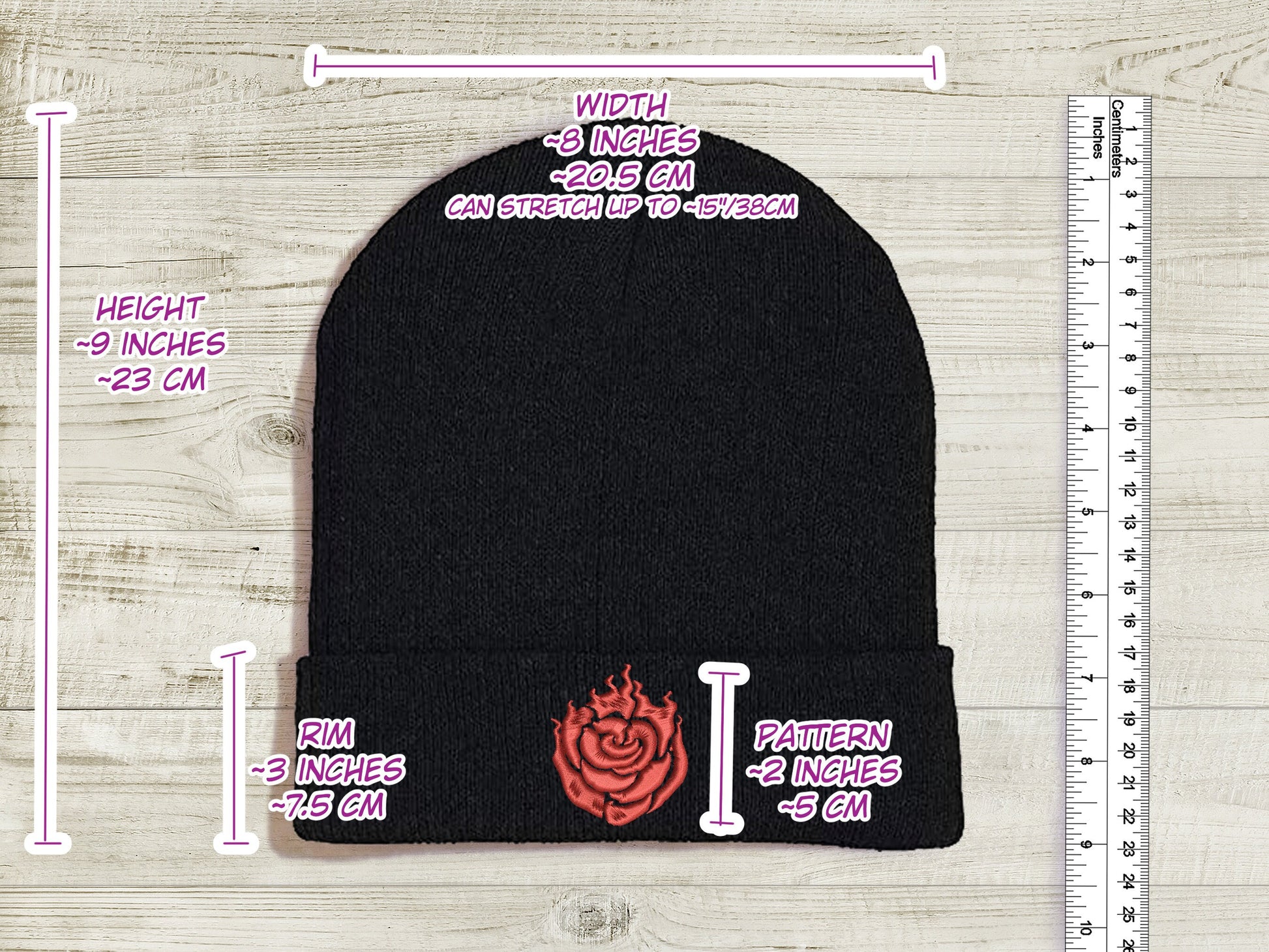 Ruby Rose Embroidered Beanie hat | Custom cozy winter knitted skull cap with Ruby's emblem  Sweethaven Cottage   