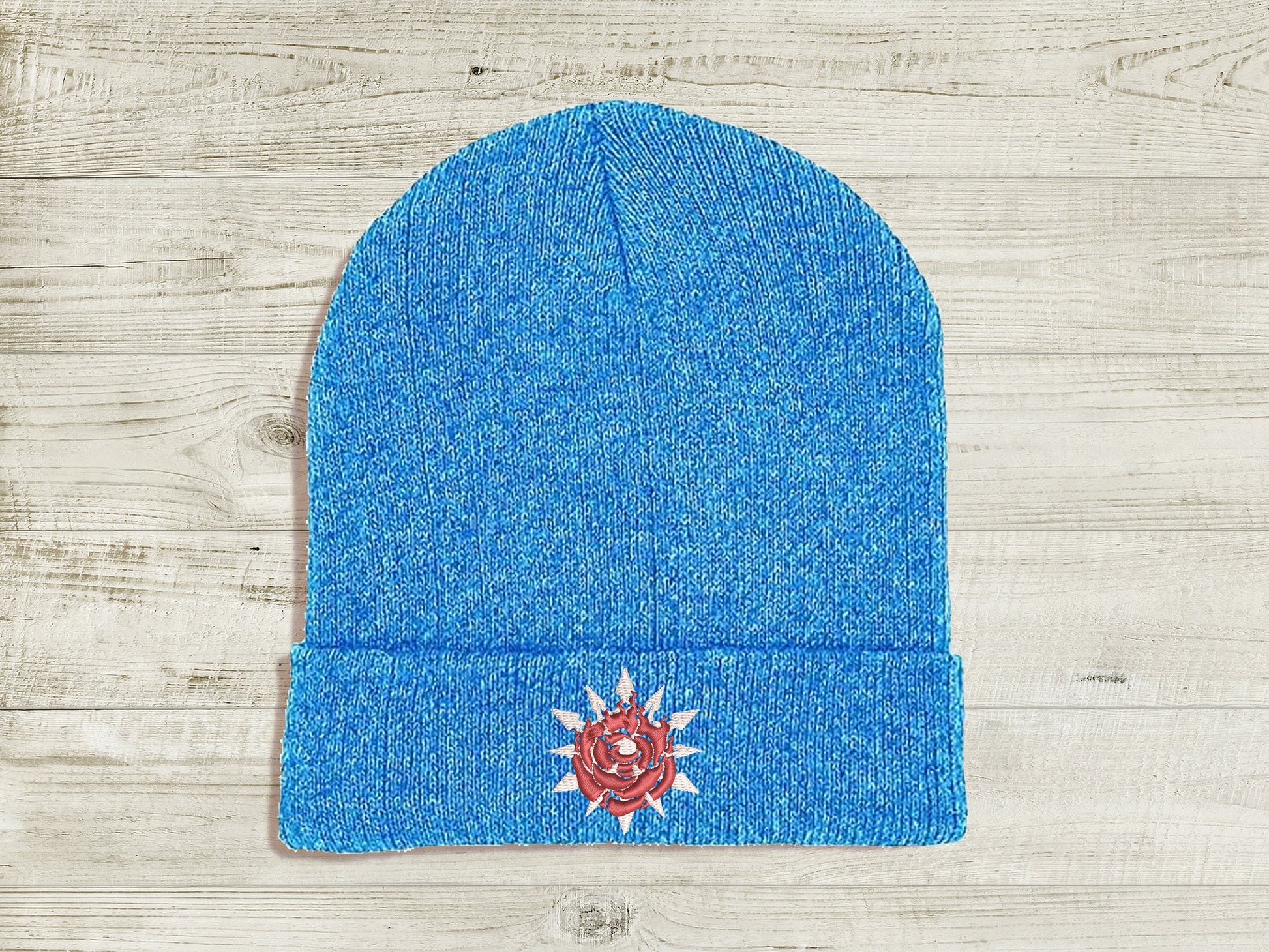 WhiteRose Embroidered Beanie hat | Custom cozy winter knitted skull cap with Weiss and Ruby's emblems  Sweethaven Cottage Blue  