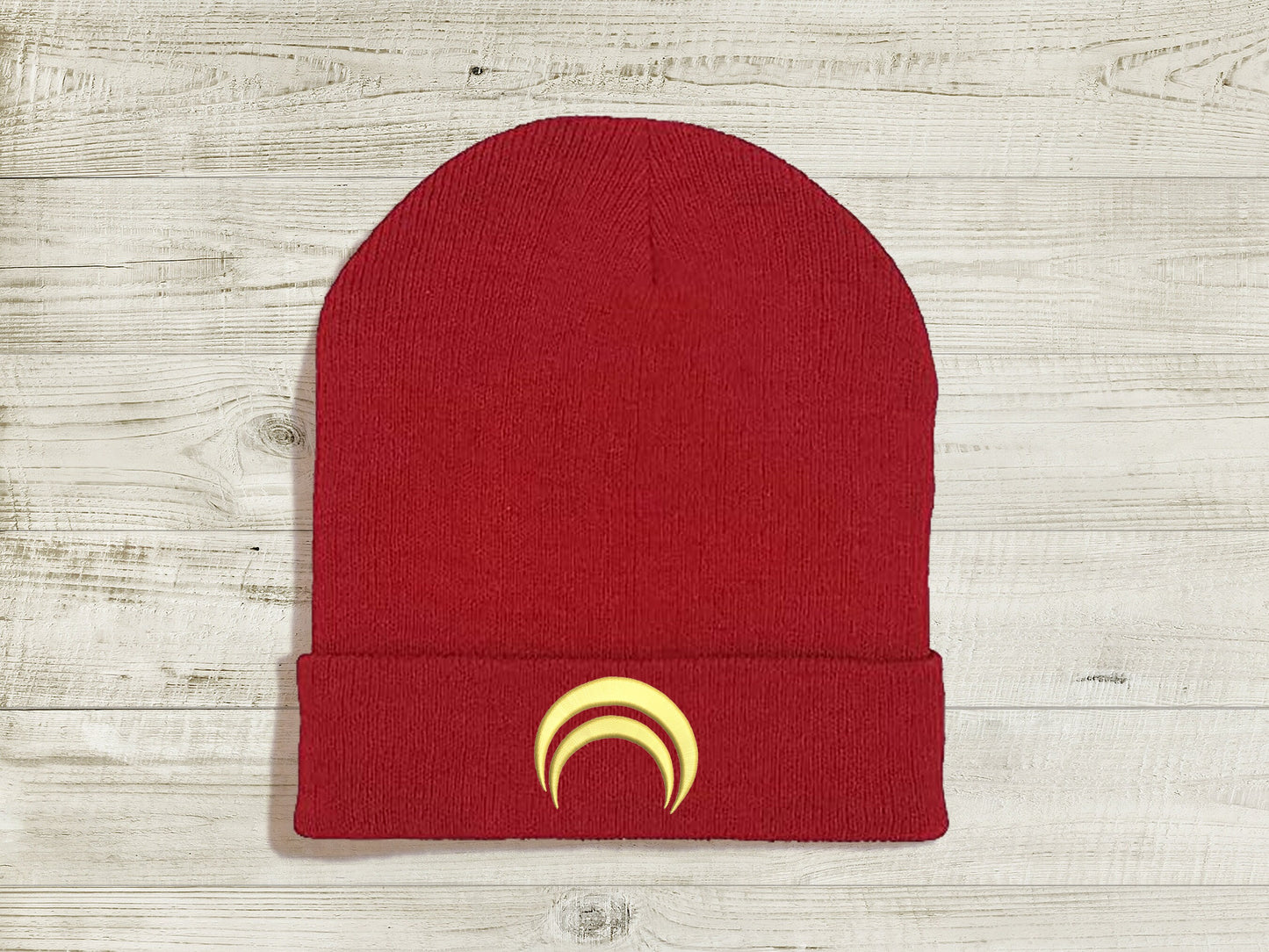 Jaune Arc JNPR Embroidered Beanie hat | Custom cozy winter knitted skull cap with Jaune's emblem  Sweethaven Cottage Red White 