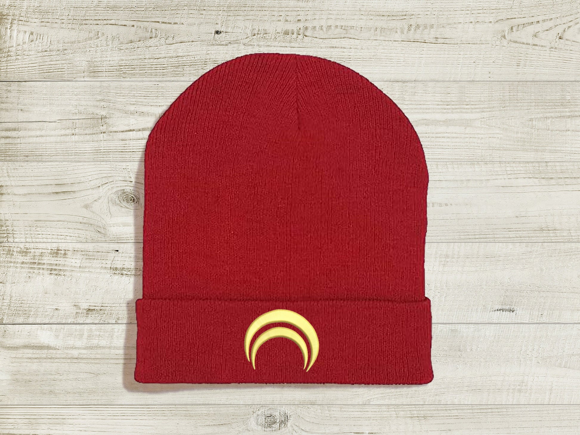 Jaune Arc JNPR Embroidered Beanie hat | Custom cozy winter knitted skull cap with Jaune's emblem  Sweethaven Cottage Red White 
