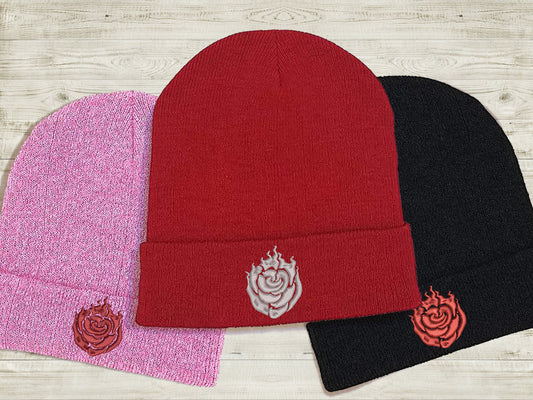 Ruby Rose Embroidered Beanie hat | Custom cozy winter knitted skull cap with Ruby's emblem  Sweethaven Cottage   