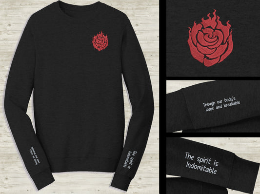 Ruby Rose Emblem Embroidered unisex Sweatshirt with Indomitable quote on sleeve Custom made black novelty pullover sweater for RWBY fans