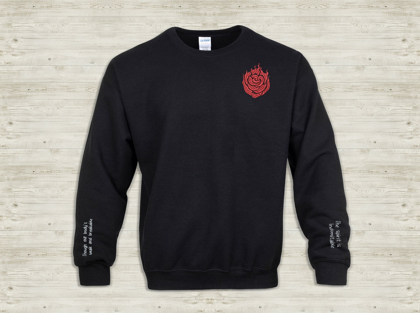 Ruby Rose Emblem Embroidered unisex Sweatshirt with Indomitable quote on sleeve Custom made black novelty pullover sweater for RWBY fans