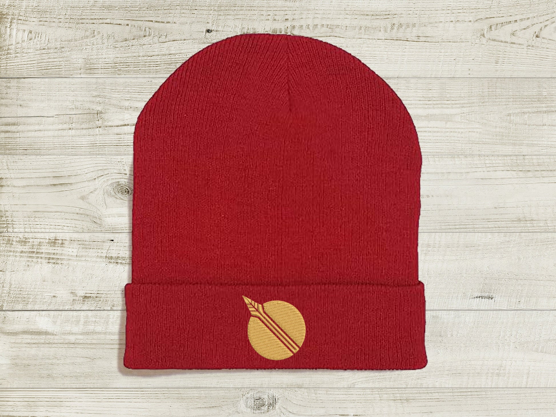 Pyrrha Nikos JNPR Embroidered Beanie hat | Custom cozy winter knitted skull cap with Pyrrha's emblem  Sweethaven Cottage Red White 