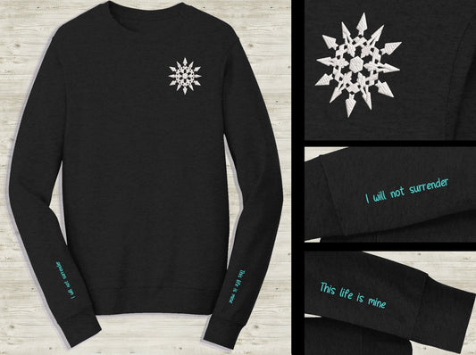 Weiss Schnee Emblem Embroidered unisex Sweatshirt with This life is mine quote on sleeves Black novelty pullover sweater for RWBY fans