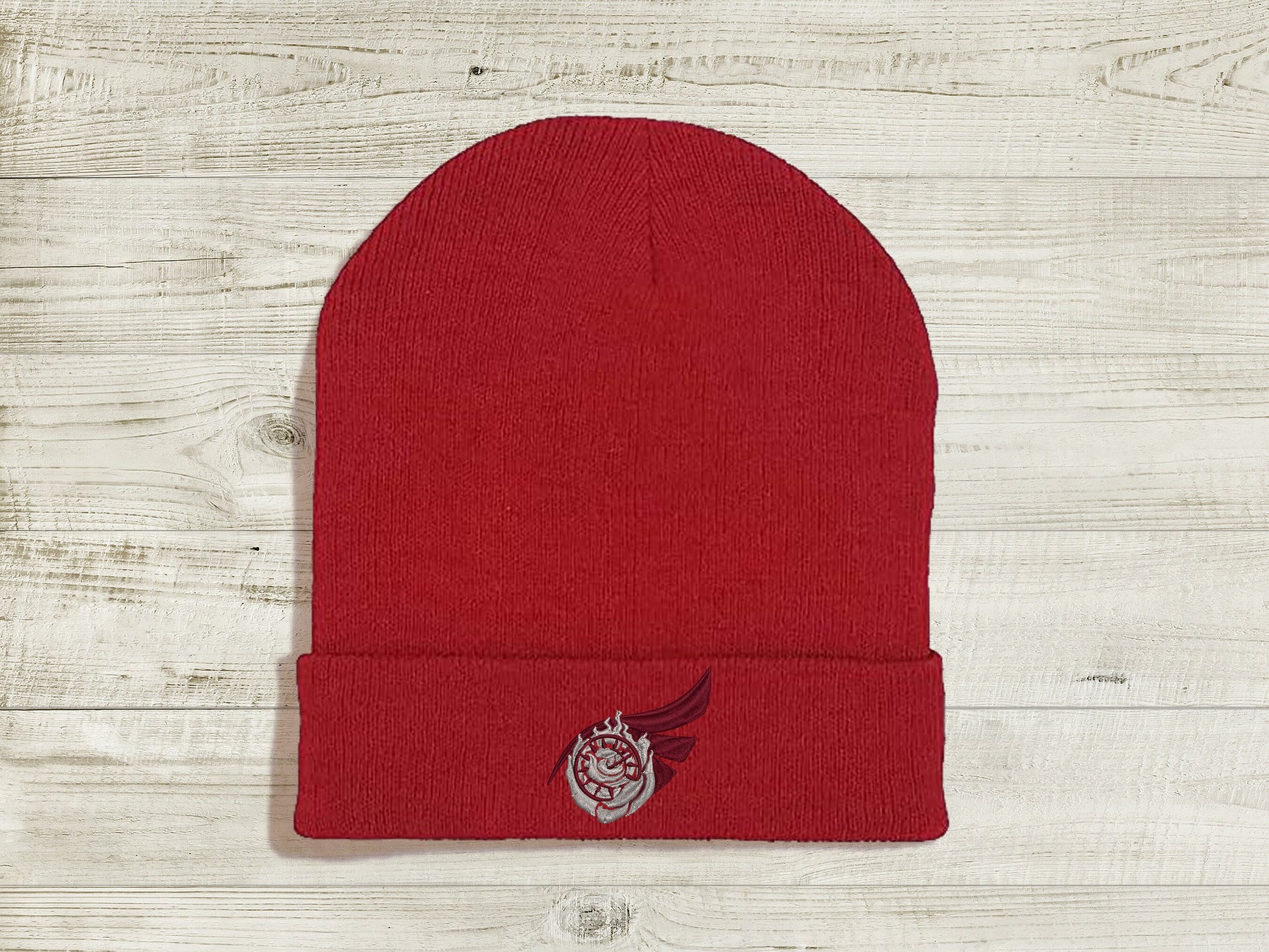 RoseBird Embroidered Beanie hat | Custom cozy winter knitted skull cap with Summer Rose and Raven Branwen's emblems  Sweethaven Cottage Red  