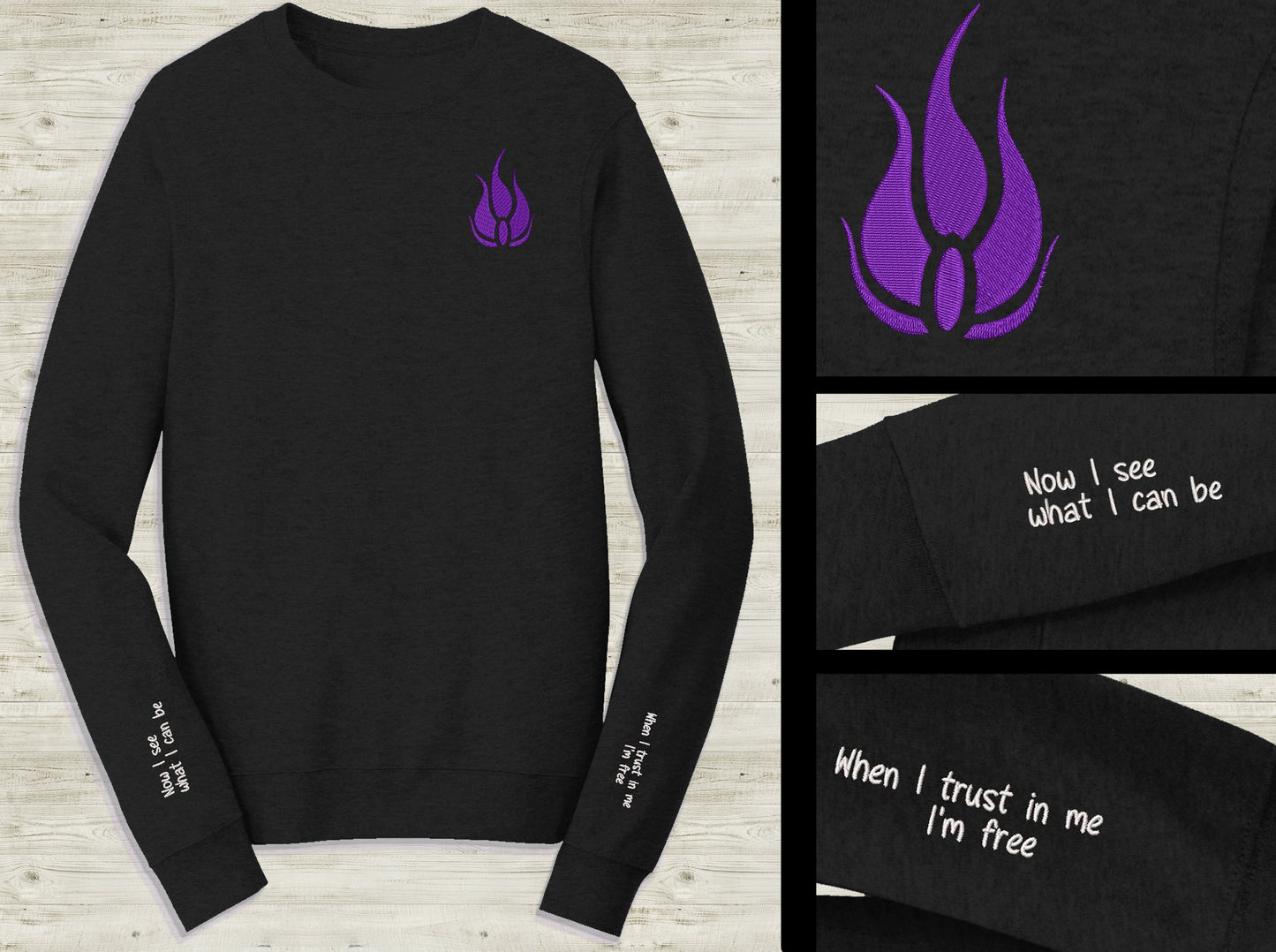 Blake Belladonna Emblem Embroidered unisex Sweatshirt with lyrics quote on sleeve Custom made black novelty pullover sweater for RWBY fans