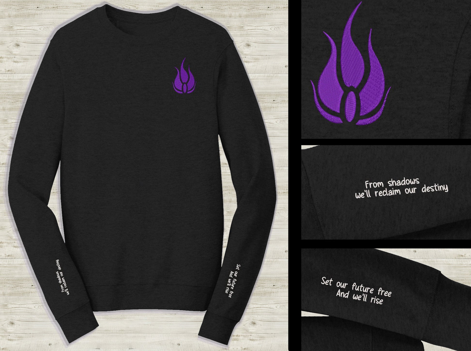 Blake Belladonna Emblem Embroidered unisex Sweatshirt From Shadows quote on sleeves Custom made black novelty pullover sweater for RWBY fans