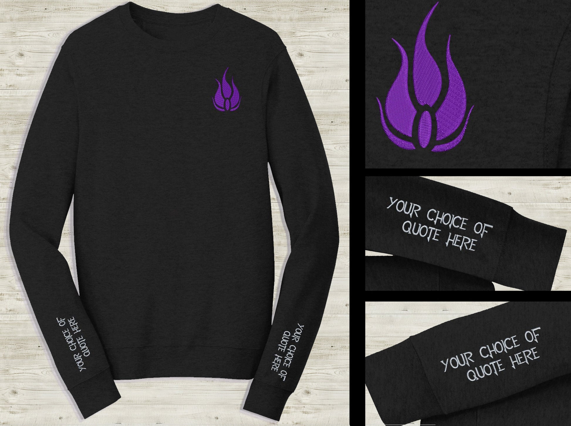 Customizable Blake Belladonna Emblem Embroidered unisex Sweatshirt with your quote on sleeves Black novelty pullover sweater for RWBY fans