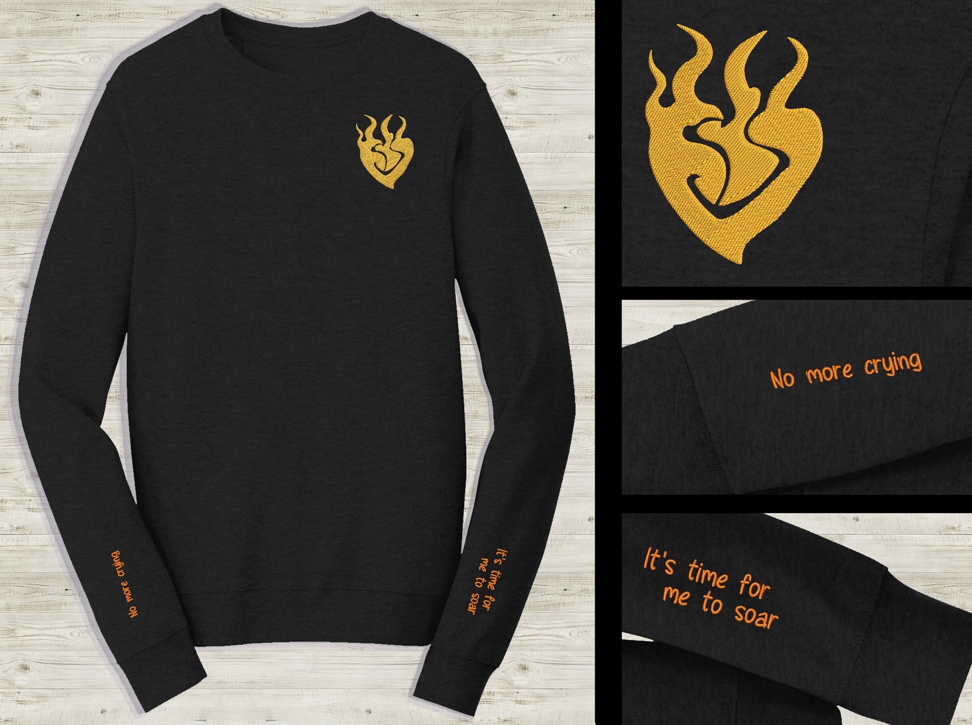 Yang Xiao Long Emblem Embroidered unisex Sweatshirt with lyrics quote on sleeve Custom made black novelty pullover sweater for RWBY fans