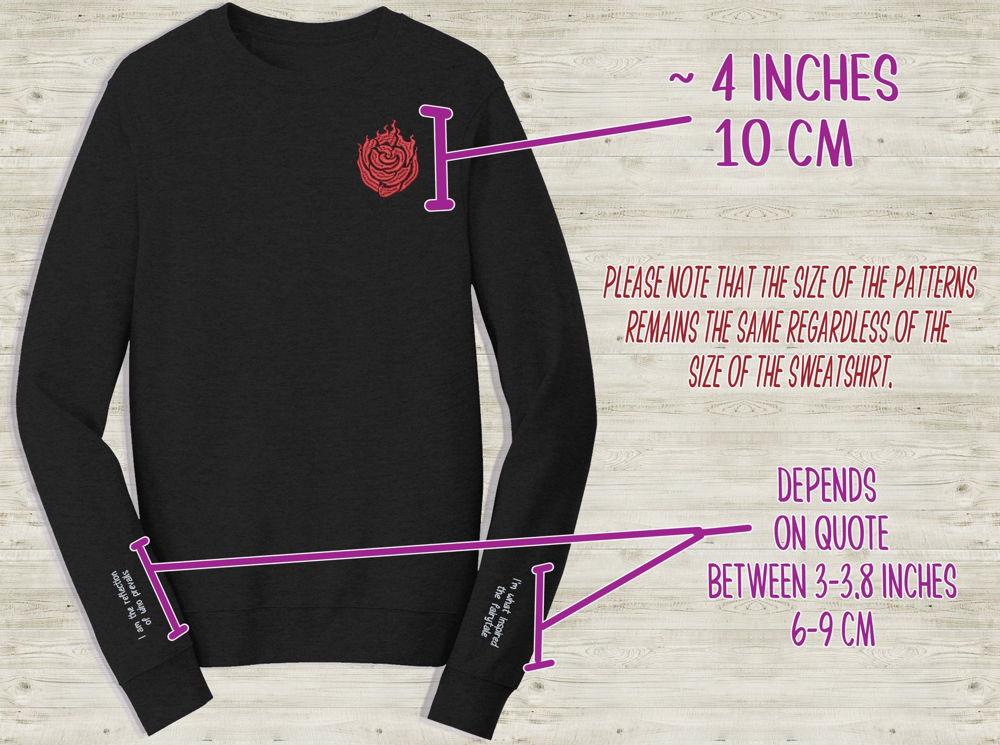 Customizable Ruby Rose Emblem Embroidered unisex Sweatshirt with your quote on sleeve Custom black novelty pullover sweater for RWBY fans