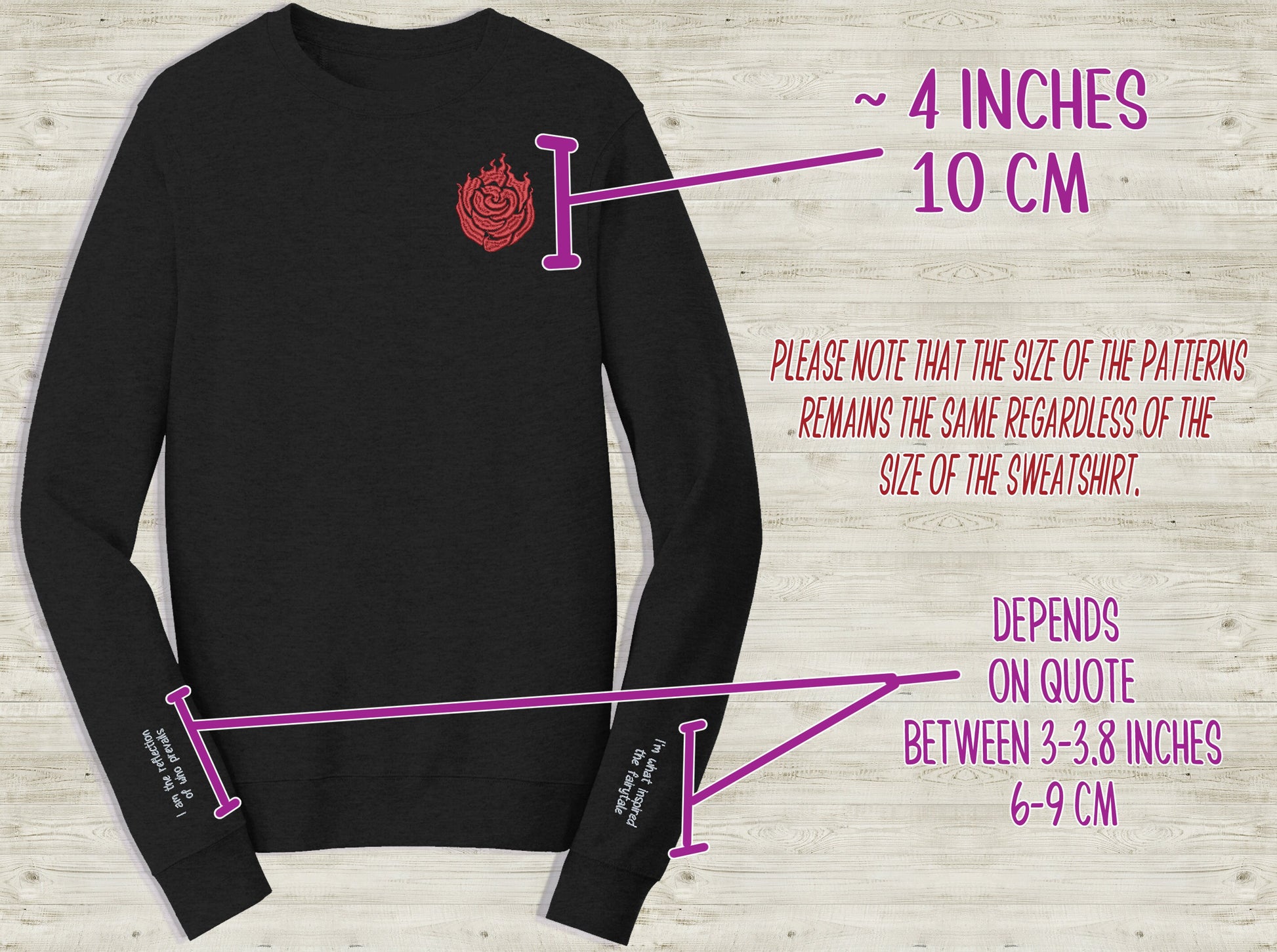 Ruby Rose Emblem Embroidered unisex Sweatshirt "Light that shines" quote on sleeve Custom made black novelty pullover sweater for RWBY fans