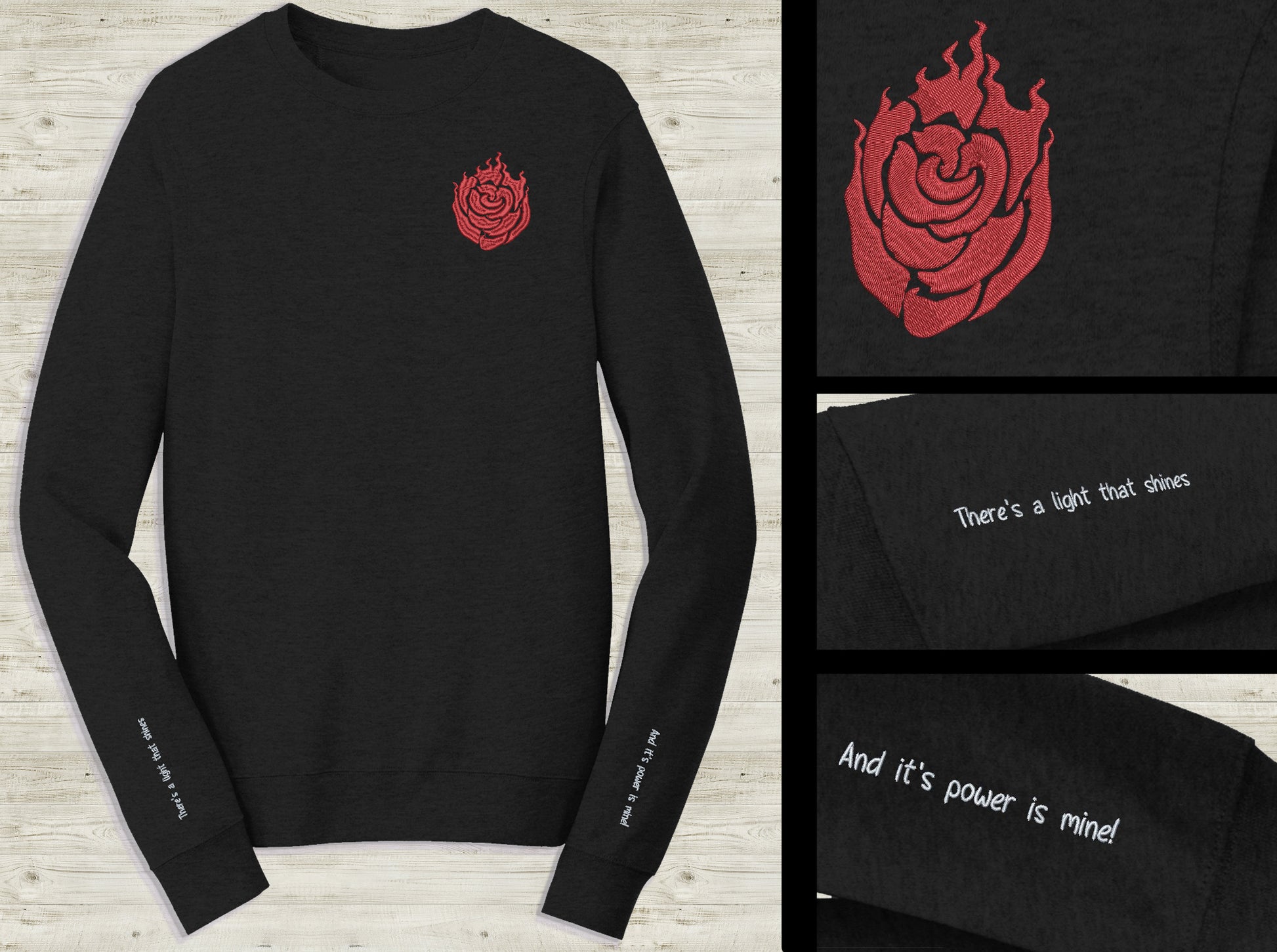 Ruby Rose Emblem Embroidered unisex Sweatshirt "Light that shines" quote on sleeve Custom made black novelty pullover sweater for RWBY fans